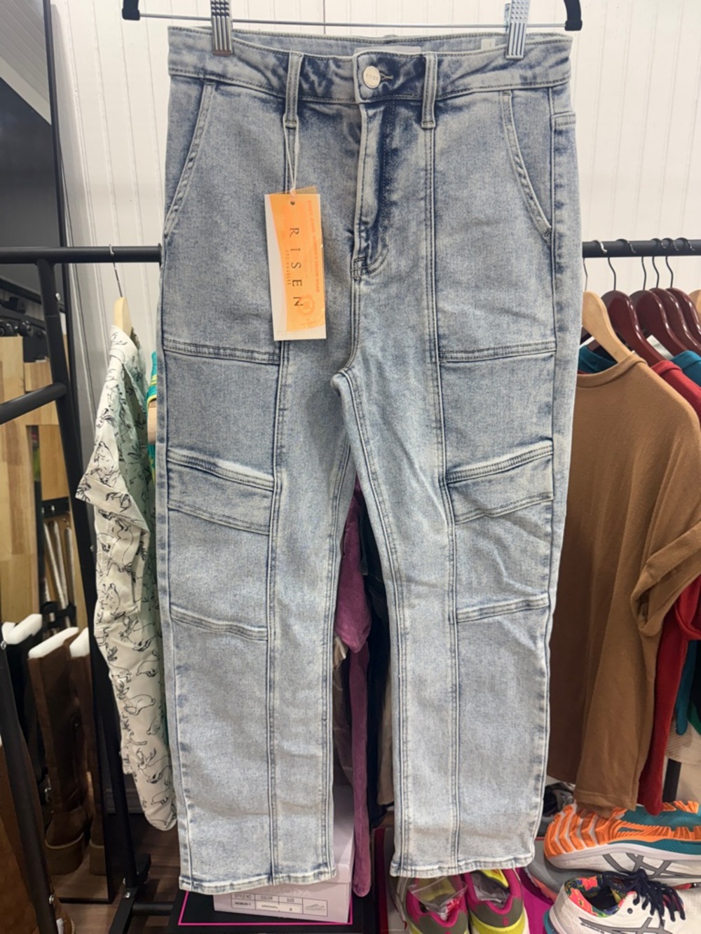 NWT Risen Women's Straight Leg Cargo Jeans in Light Blue Wash